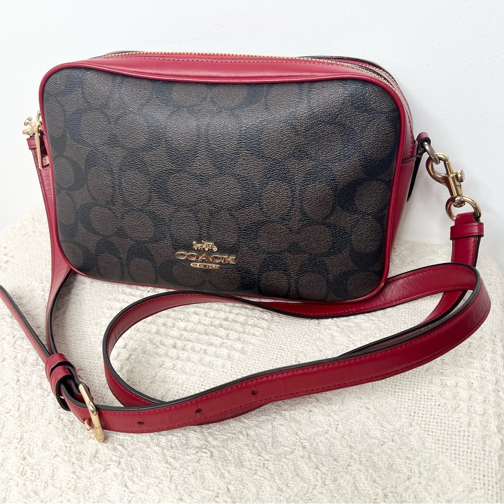 Coach Jes Crossbody Bag 68168 Signature Coated Canvas Smooth Red Leather Camera
